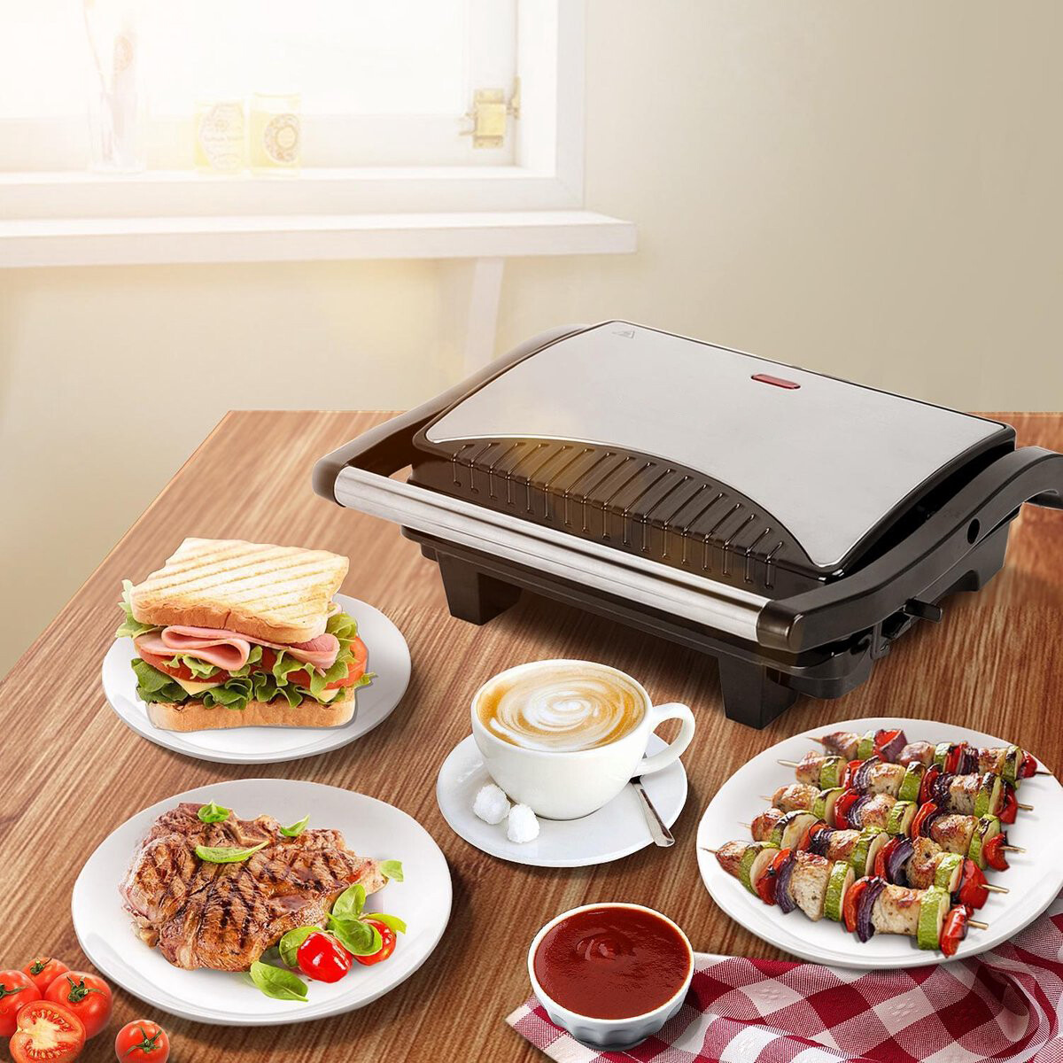 Contactgrill - Tosti Apparaat - Tosti Ijzer - Aigi Heron - Cool Touch - RVS - Zwart/Zilver