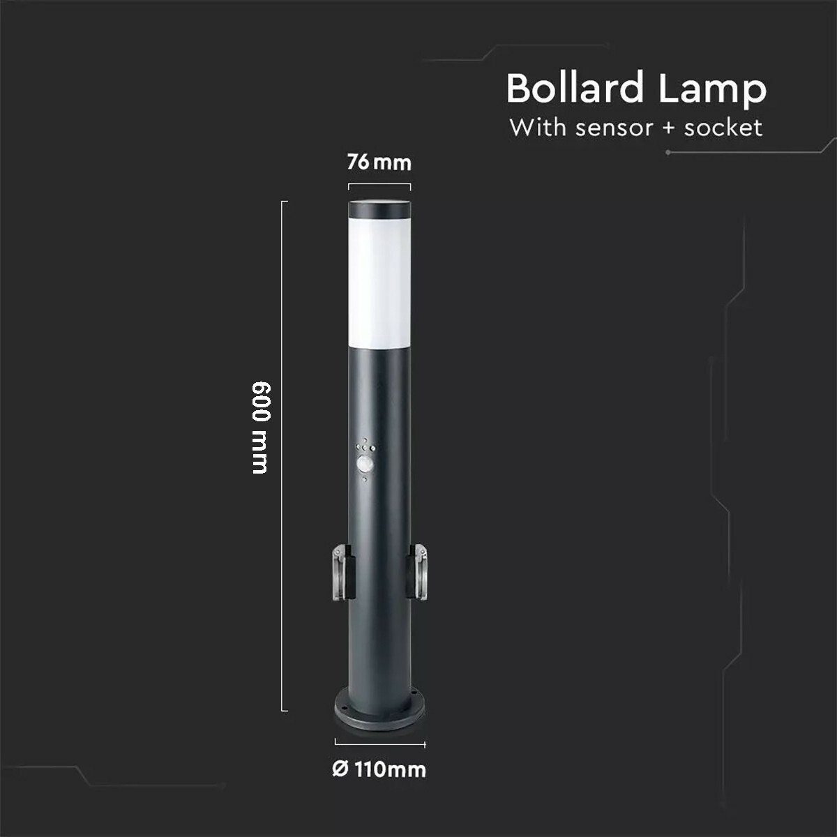 LED Tuinverlichting met Bewegingssensor - 2 Stopcontacten - Staande Viron Stobo E27 Fitting - Rond - Mat Grijs - Aluminium - 60cm BES LED