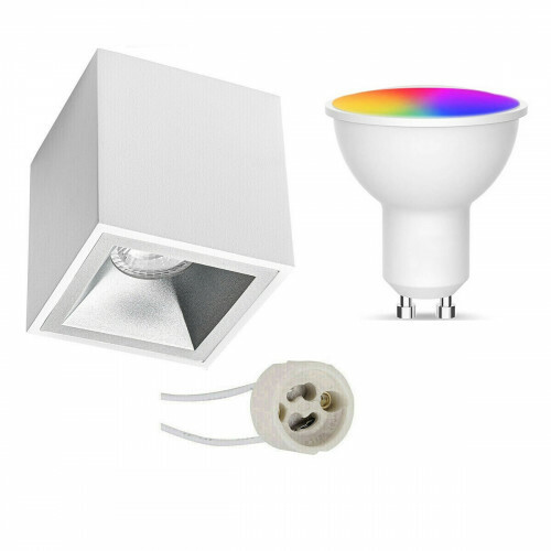 Opbouwspot Set GU10 - Facto - Smart LED - Wifi LED - Slimme LED - 5W - RGB+CCT - Aanpasbare Kleur - Dimbaar - Pragmi Cliron Pro - Opbouw Vierkant - Mat Wit/Zilver - Verdiept - 90mm