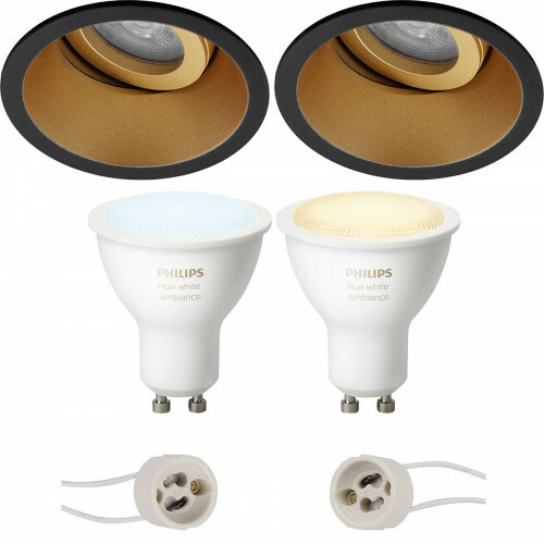 Pragmi Zano Pro - Inbouw Rond - Mat Zwart/Goud - Kantelbaar - Ø93mm - Philips Hue - LED Spot Set GU10 - White Ambiance - Bluetooth