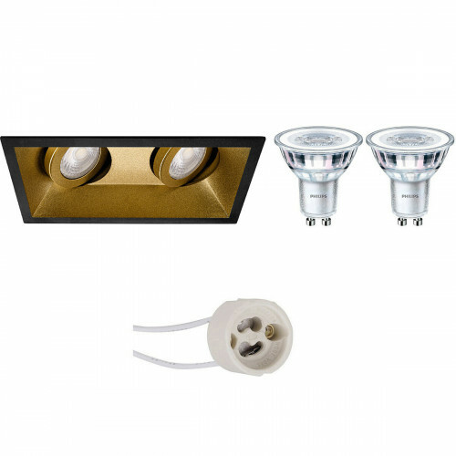 LED Spot Set - Pragmi Zano Pro - GU10 Fitting - Inbouw Rechthoek Dubbel - Mat Zwart/Goud - Kantelbaar - 185x93mm - Philips - CorePro 830 36D - 4.6W - Warm Wit 3000K