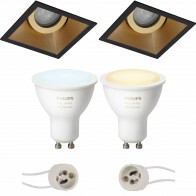 Pragmi Zano Pro - Inbouw Vierkant - Mat Zwart/Goud - Kantelbaar - 93mm - Philips Hue - LED Spot Set GU10 - White Ambiance - Bluetooth