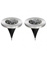 LED Grondspot met Zonne-energie - Set 2 Stuks - Aigi Grido - Inbouw Rond - 0.2W - Waterdicht IP44 - Helder/Koud Wit 6500K - Mat Zilver - RVS