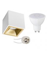 Opbouwspot Set - Pragmi Cliron Pro - GU10 Fitting - Opbouw Vierkant - Mat Wit/Goud - 4W - Warm Wit 3000K - Verdiept - 90mm