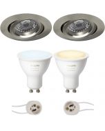 PHILIPS HUE - LED Spot Set GU10 - White Ambiance - Bluetooth - Pragmi Aerony Pro - Inbouw Rond - Mat Nikkel - Kantelbaar - Ø82mm