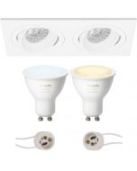 PHILIPS HUE - LED Spot Set GU10 - White Ambiance - Bluetooth - Pragmi Borny Pro - Inbouw Rechthoek Dubbel - Mat Wit - Kantelbaar - 175x92mm