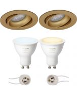 PHILIPS HUE - LED Spot Set GU10 - White Ambiance - Bluetooth - Pragmi Delton Pro - Inbouw Rond - Mat Goud - Kantelbaar - Ø82mm