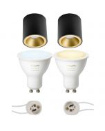 PHILIPS HUE - Opbouwspot Set GU10 - White Ambiance - Bluetooth - Pragmi Cliron Pro - Opbouw Rond - Mat Zwart/Goud - Verdiept - Ø90mm