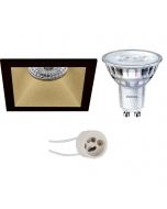 PHILIPS - LED Spot Set - SceneSwitch 827 36D - Pragmi Pollon Pro - GU10 Fitting - Dimbaar - Inbouw Vierkant - Mat Zwart/Goud - 1.5W-5W - Warm Wit 2200K-2700K - Verdiept - 82mm