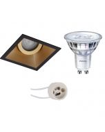 PHILIPS - LED Spot Set - SceneSwitch 827 36D - Pragmi Zano Pro - GU10 Fitting - Dimbaar - Inbouw Vierkant - Mat Zwart/Goud - 1.5W-5W - Warm Wit 2200K-2700K - Kantelbaar - 93mm