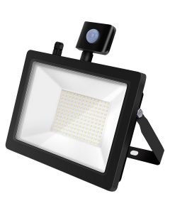 LED Bouwlamp 100 Watt met Sensor - LED Schijnwerper - Aigi Stado - Natuurlijk Wit 4000K - Waterdicht IP65 - Mat Zwart - Aluminium