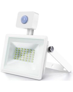 LED Bouwlamp 30 Watt met Sensor - LED Schijnwerper - Aigi Sunny - Helder/Koud Wit 6400K - Waterdicht IP65 - Mat Wit - Aluminium