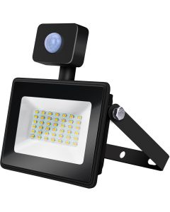 LED Bouwlamp 30 Watt met sensor - LED Schijnwerper - Aigi Sunny - Natuurlijk Wit 4000K - Waterdicht IP65 - Mat Zwart - Aluminium