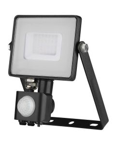 LED Bouwlamp 30 Watt met sensor - LED Schijnwerper - Viron Dana - Helder/Koud Wit 6400K - Spatwaterdicht IP44 - Mat Zwart - Aluminium