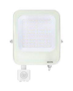 LED Bouwlamp met Bewegingssensor - LED Schijnwerper - Aigi Rekan - 50 Watt - Helder/Koud Wit 6500K - Waterdicht IP65 - Rechthoek - Mat Wit - Aluminium