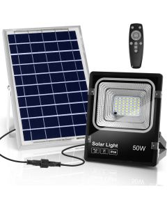 LED Floodlight op Zonne-energie - LED Schijnwerper - Aigi Solina - LED Solar Tuinverlichting Wandlamp - Afstandsbediening - Waterdicht IP66 - 50W - Helder/Koud Wit 6500K