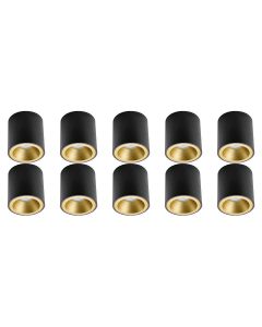 Opbouwspot 10 Pack - Pragmi Cliron Pro - GU10 Fitting - Opbouw Rond - Mat Zwart/Goud - Aluminium - Verdiept - Ø90mm