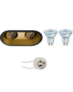 OSRAM - LED Spot Set - Parathom PAR16 927 36D - Pragmi Zano Pro - GU10 Fitting - Dimbaar - Inbouw Ovaal Dubbel - Mat Zwart/Goud - 3.7W - Warm Wit 2700K - Kantelbaar - 185x93mm