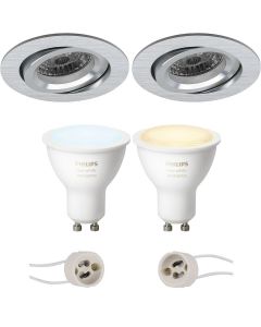 PHILIPS HUE - LED Spot Set GU10 - White Ambiance - Bluetooth - Pragmi Aerony Pro - Inbouw Rond - Mat Zilver - Kantelbaar - Ø82mm