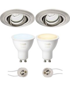 PHILIPS HUE - LED Spot Set GU10 - White Ambiance - Bluetooth - Pragmi Alpin Pro - Inbouw Rond - Mat Nikkel - Kantelbaar - Ø92mm