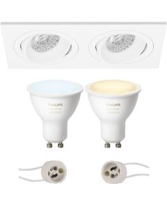 PHILIPS HUE - LED Spot Set GU10 - White Ambiance - Bluetooth - Pragmi Borny Pro - Inbouw Rechthoek Dubbel - Mat Wit - Kantelbaar - 175x92mm