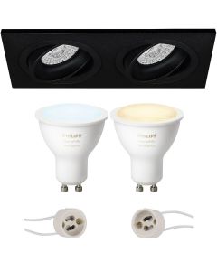 PHILIPS HUE - LED Spot Set GU10 - White Ambiance - Bluetooth - Pragmi Borny Pro - Inbouw Rechthoek Dubbel - Mat Zwart - Kantelbaar - 175x92mm