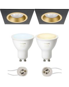 PHILIPS HUE - LED Spot Set GU10 - White Ambiance - Bluetooth - Pragmi Rodos Pro - Inbouw Vierkant - Mat Zwart/Goud - 93mm