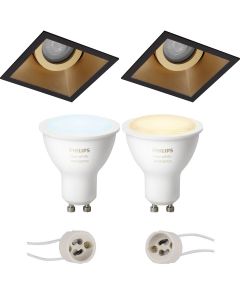 PHILIPS HUE - LED Spot Set GU10 - White Ambiance - Bluetooth - Pragmi Zano Pro - Inbouw Vierkant - Mat Zwart/Goud - Kantelbaar - 93mm