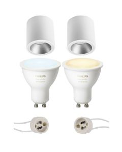 PHILIPS HUE - Opbouwspot Set GU10 - White Ambiance - Bluetooth - Pragmi Cliron Pro - Opbouw Rond - Mat Wit/Zilver - Verdiept - Ø90mm