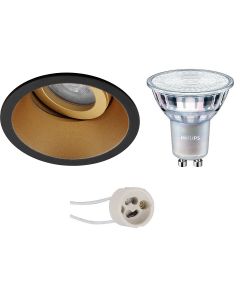 PHILIPS - LED Spot Set - MASTER 927 36D VLE - Pragmi Zano Pro - GU10 Fitting - DimTone Dimbaar - Inbouw Rond - Mat Zwart/Goud - 3.7W - Warm Wit 2200K-2700K - Kantelbaar - Ø93mm