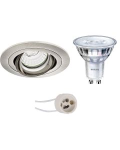 LED Spot Set - Pragmi Alpin Pro - GU10 Fitting - Inbouw Rond - Mat Nikkel - Kantelbaar - Ø92mm - Philips - SceneSwitch 827 36D - 1.5W-5W - Warm Wit 2200K-2700K - Dimbaar