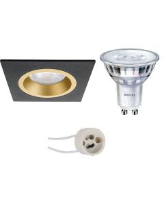 PHILIPS - LED Spot Set - SceneSwitch 827 36D - Pragmi Rodos Pro - GU10 Fitting - Dimbaar - Inbouw Vierkant - Mat Zwart/Goud - 1.5W-5W - Warm Wit 2200K-2700K - 93mm