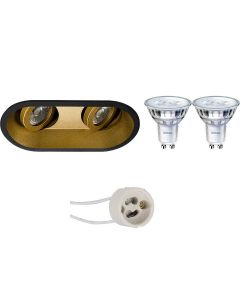 PHILIPS - LED Spot Set - SceneSwitch 827 36D - Pragmi Zano Pro - GU10 Fitting - Dimbaar - Inbouw Ovaal Dubbel - Mat Zwart/Goud - 1.5W-5W - Warm Wit 2200K-2700K - Kantelbaar - 185x93mm