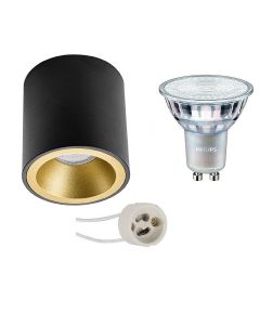 PHILIPS - Opbouwspot Set - MASTER 927 36D VLE - Pragmi Cliron Pro - GU10 Fitting - DimTone Dimbaar - Opbouw Rond - Mat Zwart/Goud - 3.7W - Warm Wit 2200K-2700K - Verdiept - Ø90mm