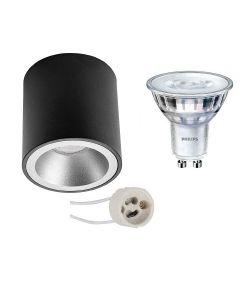 PHILIPS - Opbouwspot Set - SceneSwitch 827 36D - Pragmi Cliron Pro - GU10 Fitting - Dimbaar - Opbouw Rond - Mat Zwart/Zilver - 1.5W-5W - Warm Wit 2200K-2700K - Verdiept - Ø90mm