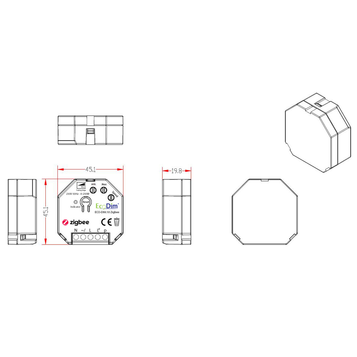 EcoDim - LED Inbouwdimmer Module - Smart WiFi - ECO-DIM.10 - Fase Afsnijding RC - ZigBee - 0-250W