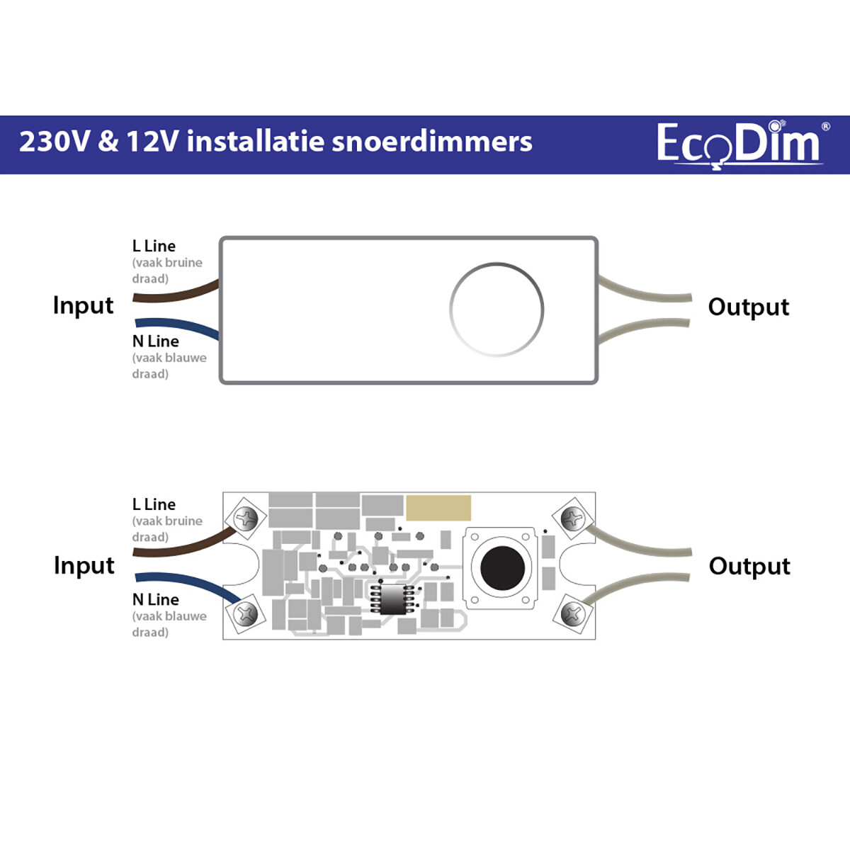 EcoDim - LED Snoerdimmer - ECO-DIM.08 - Fase Afsnijding RC - Enkel Knop - 0-50W - Zwart