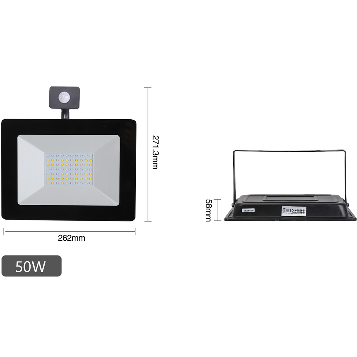 LED Bouwlamp 50 Watt met Sensor - LED Schijnwerper - Aigi Stado - Helder/Koud Wit 6400K - Waterdicht IP65 - Mat Zwart - Aluminium