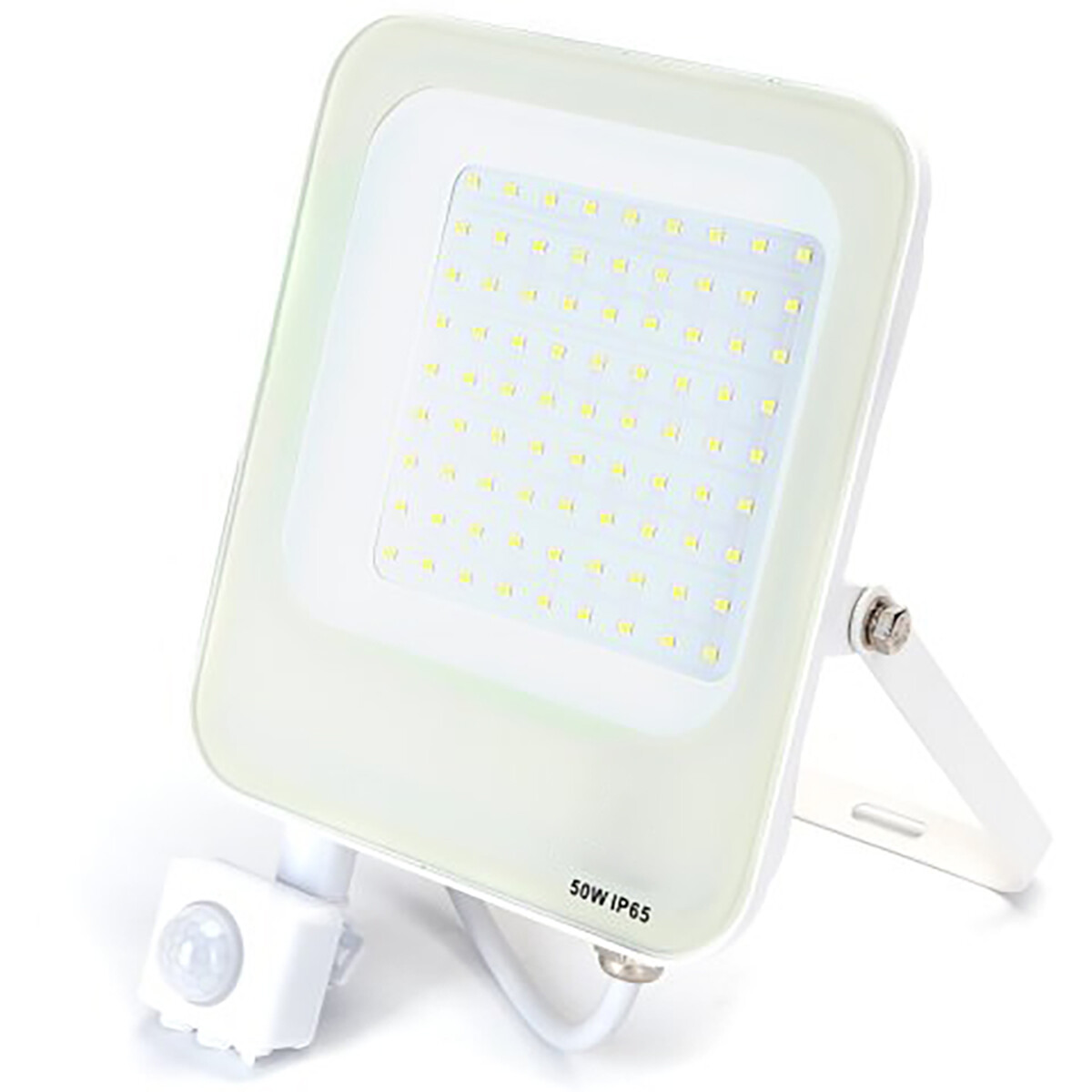 LED Bouwlamp met Bewegingssensor - LED Schijnwerper - Aigi Rekan - 50 Watt - Helder/Koud Wit 6500K - Waterdicht IP65 - Rechthoek - Mat Wit - Aluminium