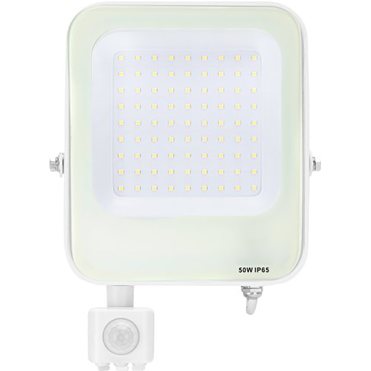 LED Bouwlamp met Bewegingssensor - LED Schijnwerper - Aigi Rekan - 50 Watt - Helder/Koud Wit 6500K - Waterdicht IP65 - Rechthoek - Mat Wit - Aluminium product afbeelding