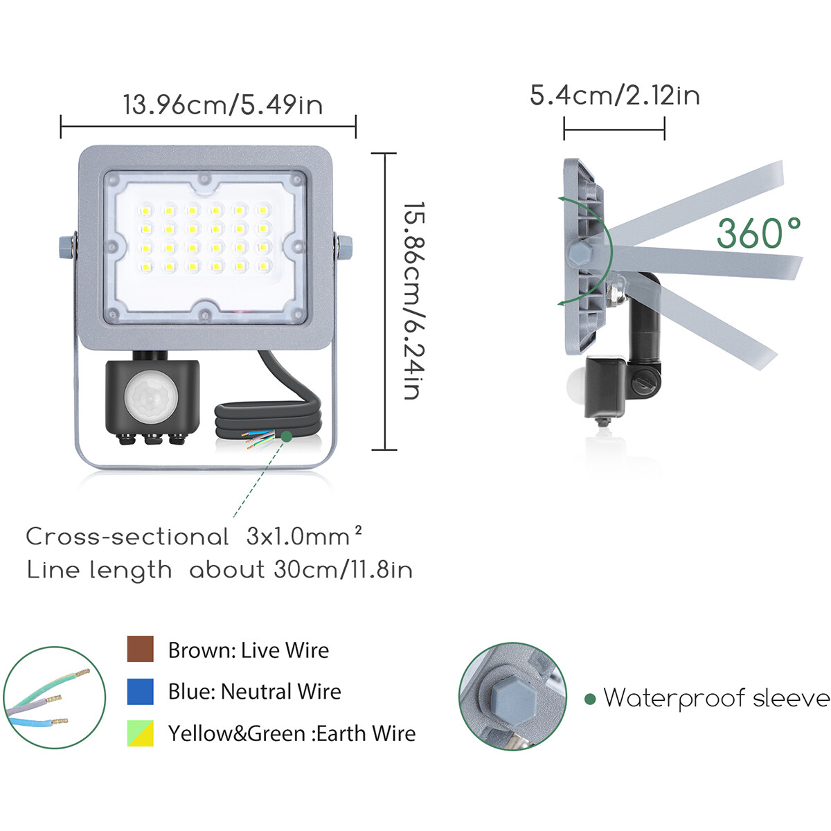 LED Bouwlamp met Sensor - Aigi Zuino - 20 Watt - Helder/Koud Wit 6500K - Waterdicht IP65 - Kantelbaar - Mat Grijs - Aluminium