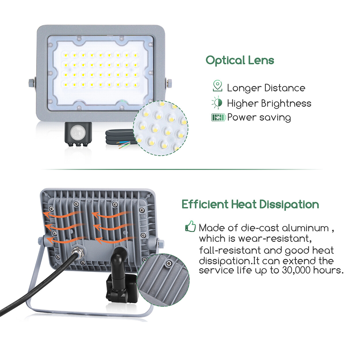 LED Bouwlamp met Sensor - Aigi Zuino - 30 Watt - Helder/Koud Wit 6500K - Waterdicht IP65 - Kantelbaar - Mat Grijs - Aluminium