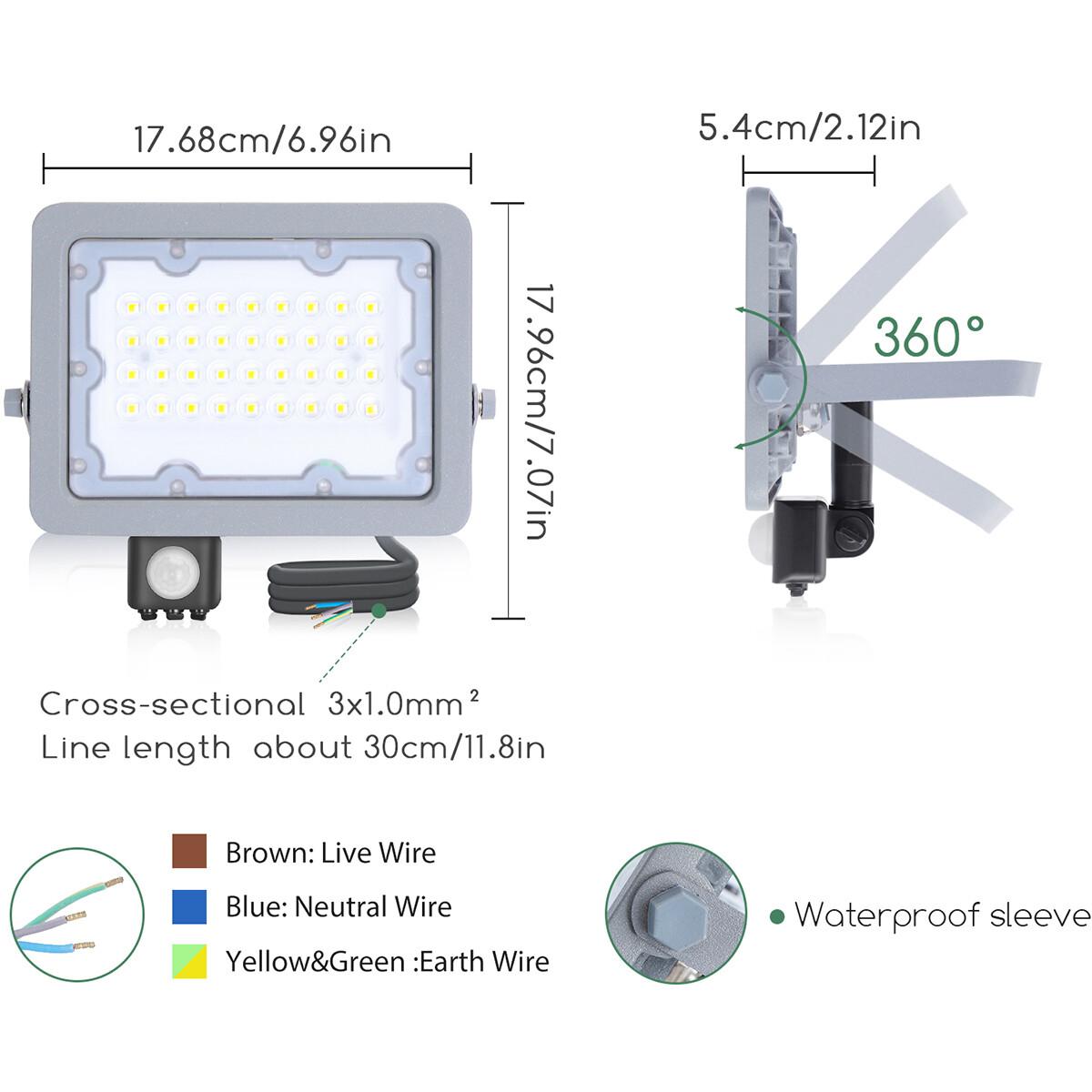 LED Bouwlamp met Sensor - Aigi Zuino - 30 Watt - Helder/Koud Wit 6500K - Waterdicht IP65 - Kantelbaar - Mat Grijs - Aluminium