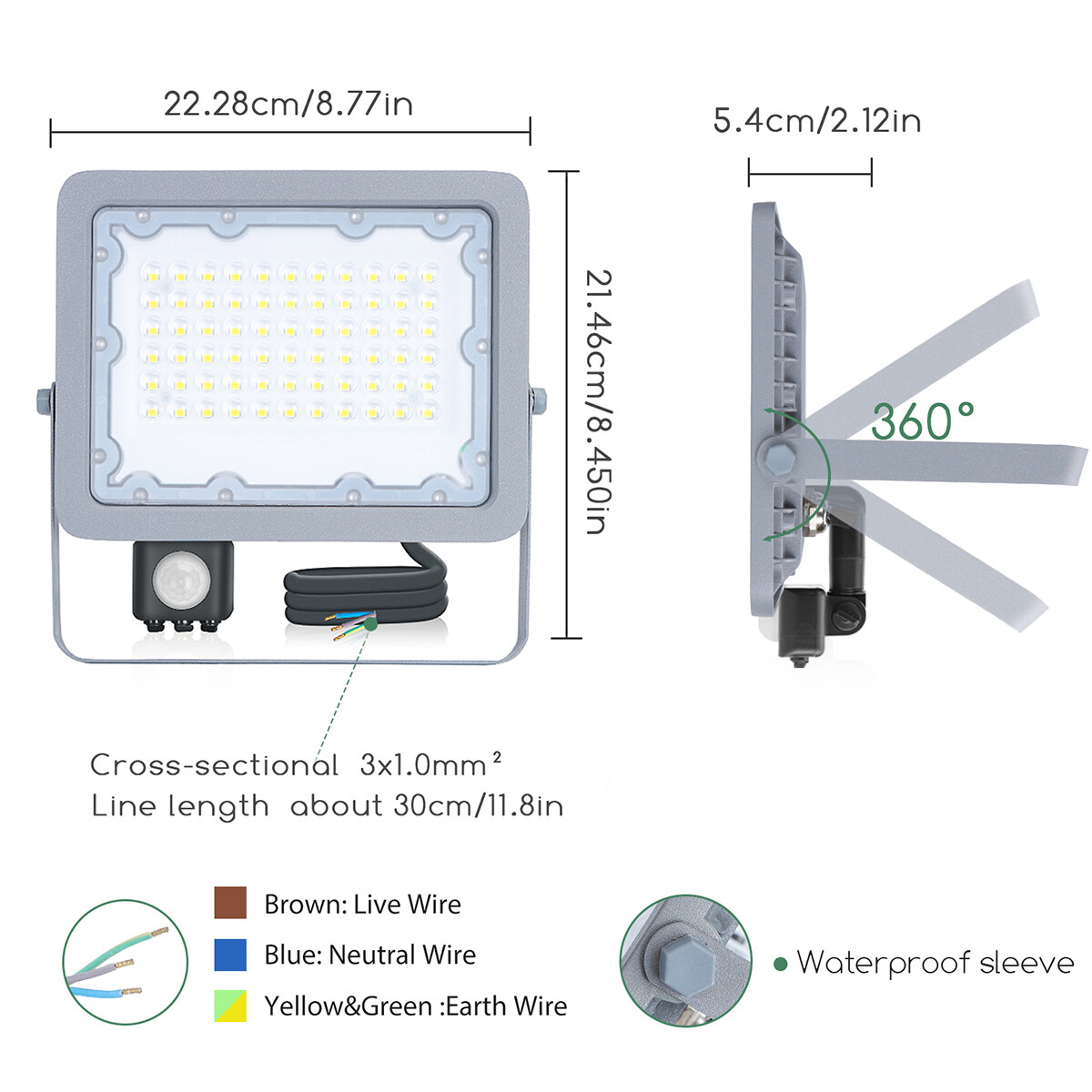 LED Bouwlamp met Sensor - Aigi Zuino - 50 Watt - Helder/Koud Wit 6500K - Waterdicht IP65 - Kantelbaar - Mat Grijs - Aluminium