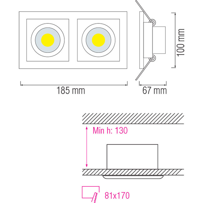 LED Spot - Inbouwspot Dubbel - Rechthoek 16W - Warm Wit 2700K - Mat Wit Aluminium - Kantelbaar 185x100mm