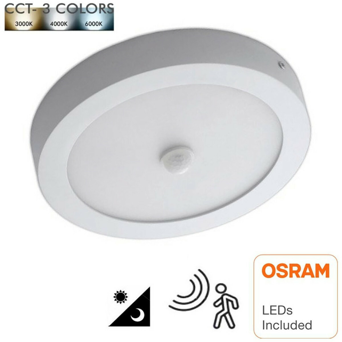 LED Downlight - Facto Dury - PIR Bewegingssensor 360° + Dag en Nacht Sensor - Aanpasbare Vermogen - Aanpasbare Kleur - Opbouw - Rond - Mat Wit - OSRAM LEDs