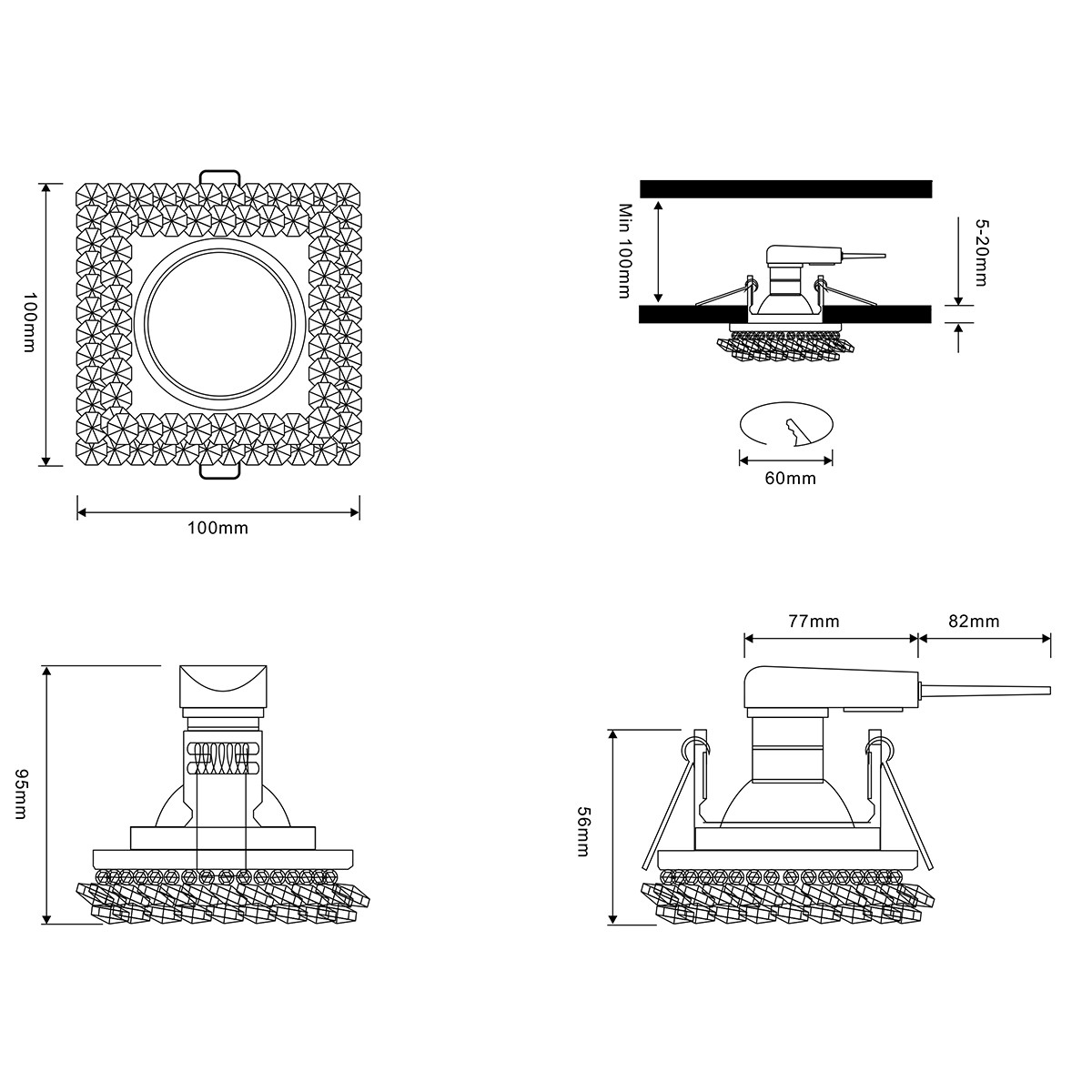 Spot Armatuur GU10 - Trion Dilomy - GU10 Inbouwspot - Vierkant - Chroom - Aluminium - 100mm