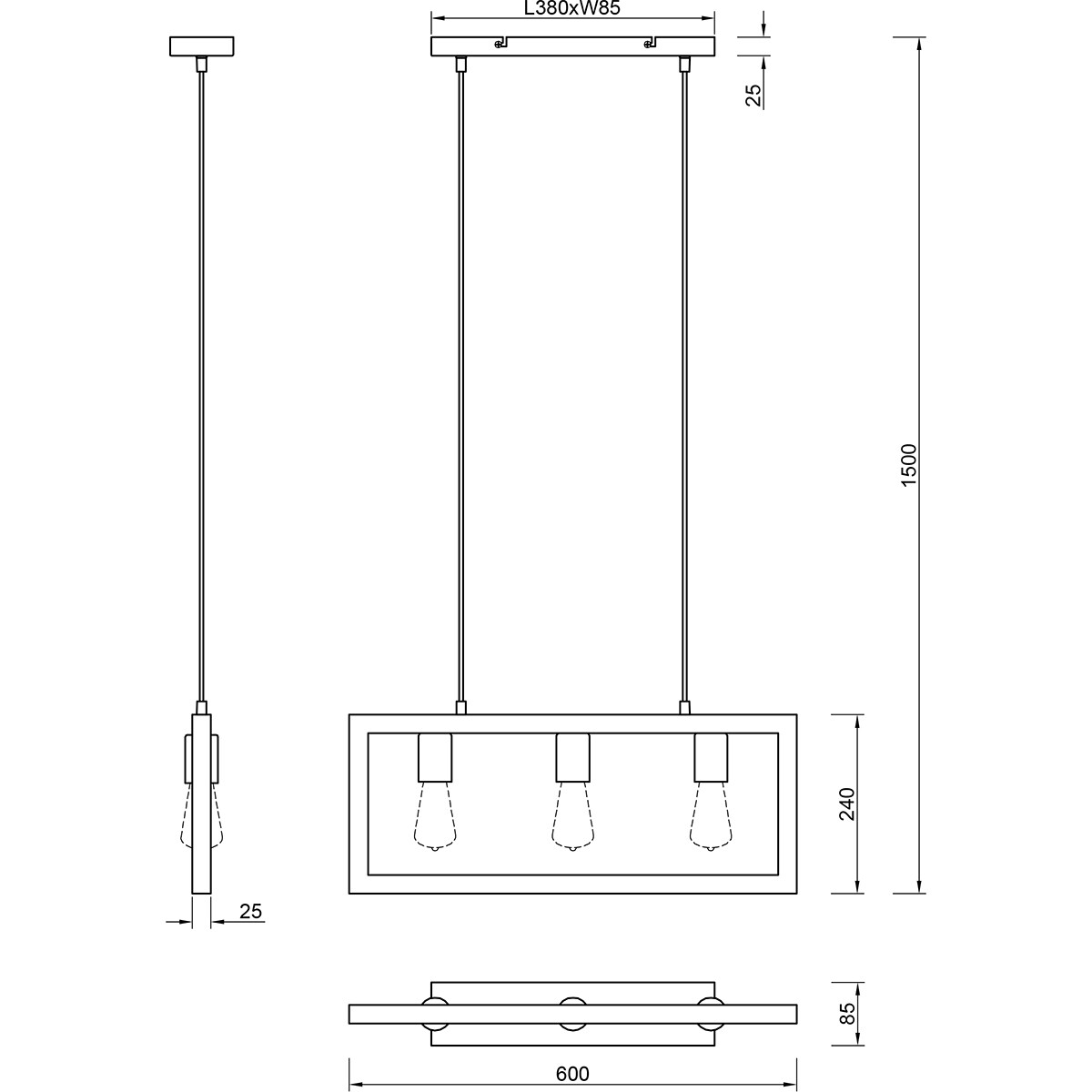 LED Hanglamp - Hangverlichting - Trion Aplon - E27 Fitting - 3-lichts - Rechthoek - Mat Zwart - Aluminium