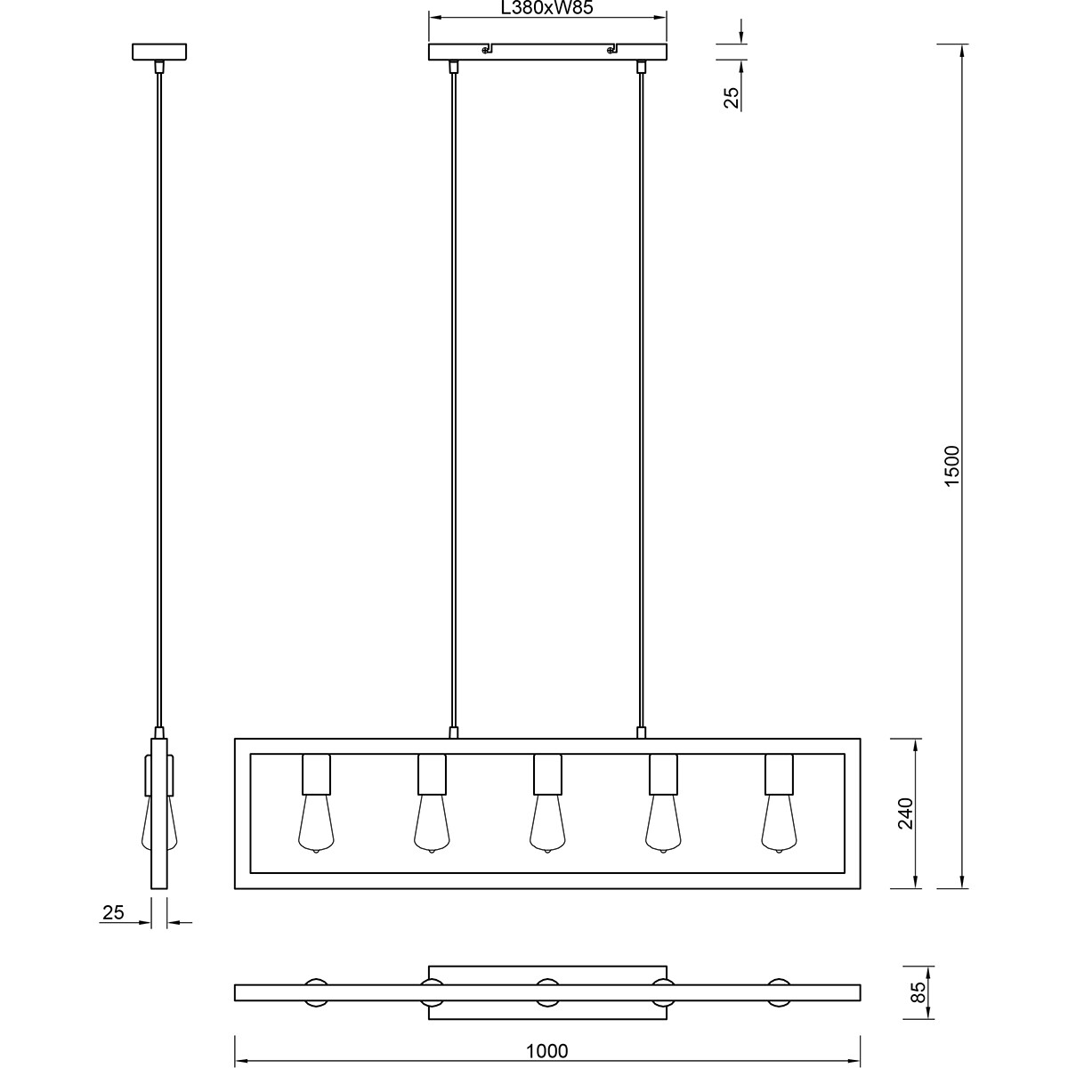 LED Hanglamp - Hangverlichting - Trion Aplon - E27 Fitting - 4-lichts - Rechthoek - Mat Zwart - Aluminium