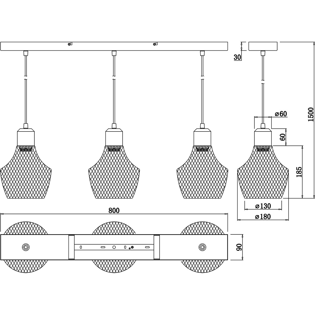 LED Hanglamp - Hangverlichting - Trion Jenna - E27 Fitting - 3-lichts - Rechthoek - Mat Zwart - Aluminium